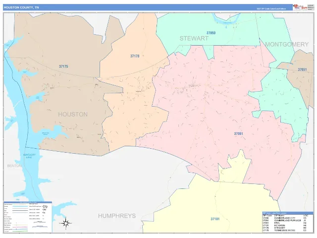Houston County, TN ZIP Code Wall Map, ColorCast style