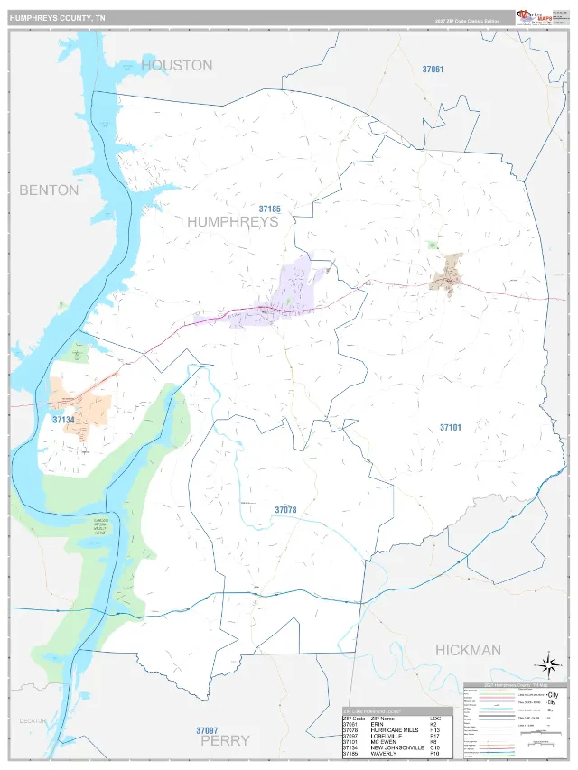 Humphreys County, TN ZIP Code Wall Map, Classic style