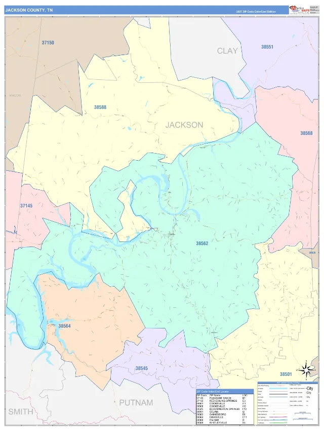 Jackson County, TN ZIP Code Wall Map, ColorCast style