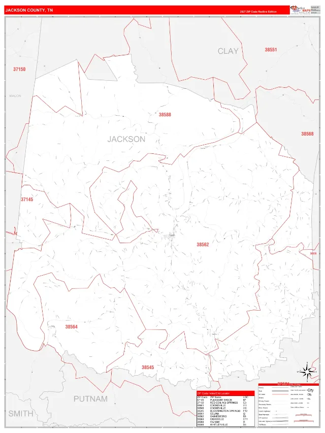 Jackson County, TN ZIP Code Wall Map, RedLine style
