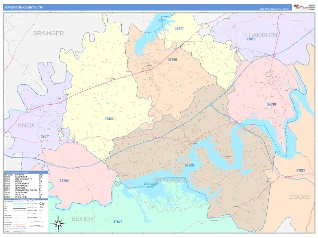 Jefferson County, TN ZIP Code Wall Map, ColorCast style
