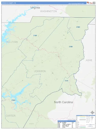 Johnson County, TN Business Reference style ZIP Code wall map