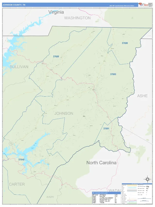 Johnson County, TN ZIP Code Wall Map, Business Reference style