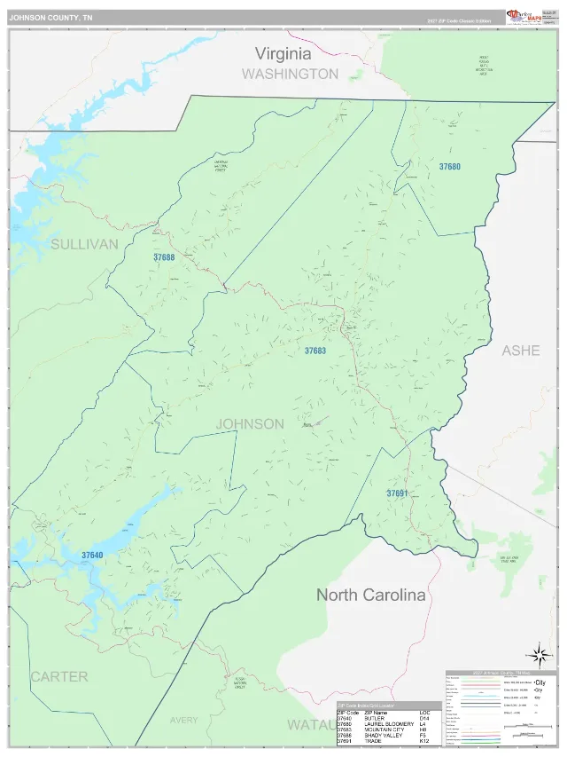 Johnson County, TN ZIP Code Wall Map, Classic style