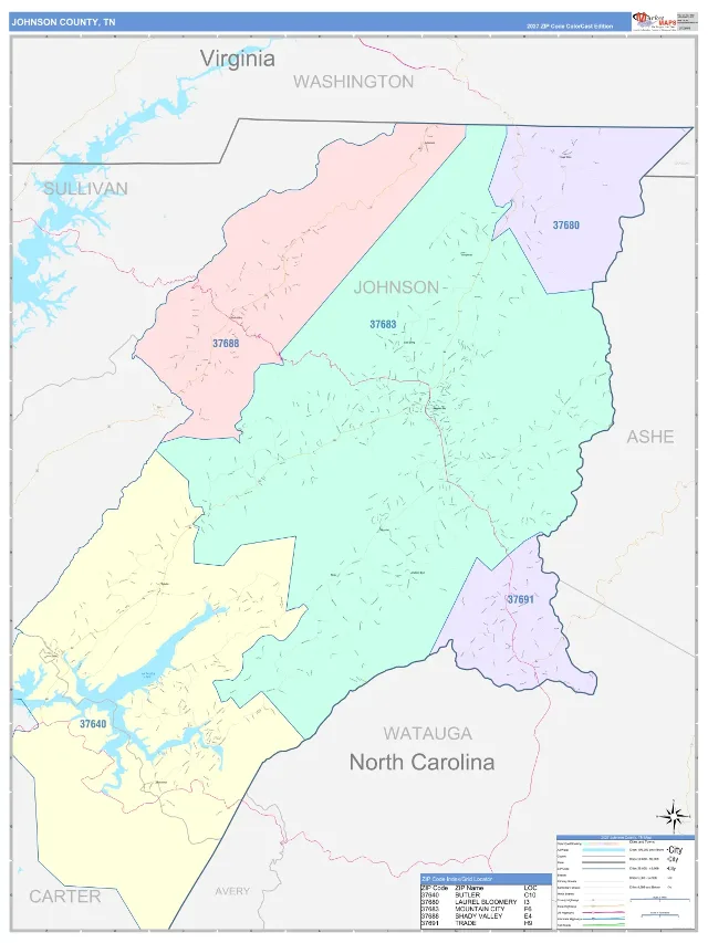 Johnson County, TN ZIP Code Wall Map, ColorCast style
