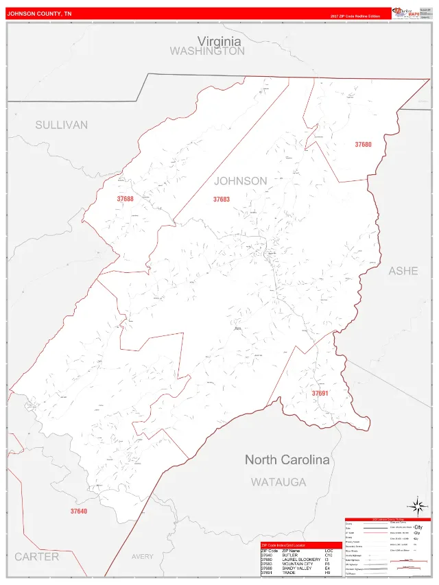 Johnson County, TN ZIP Code Wall Map, RedLine style