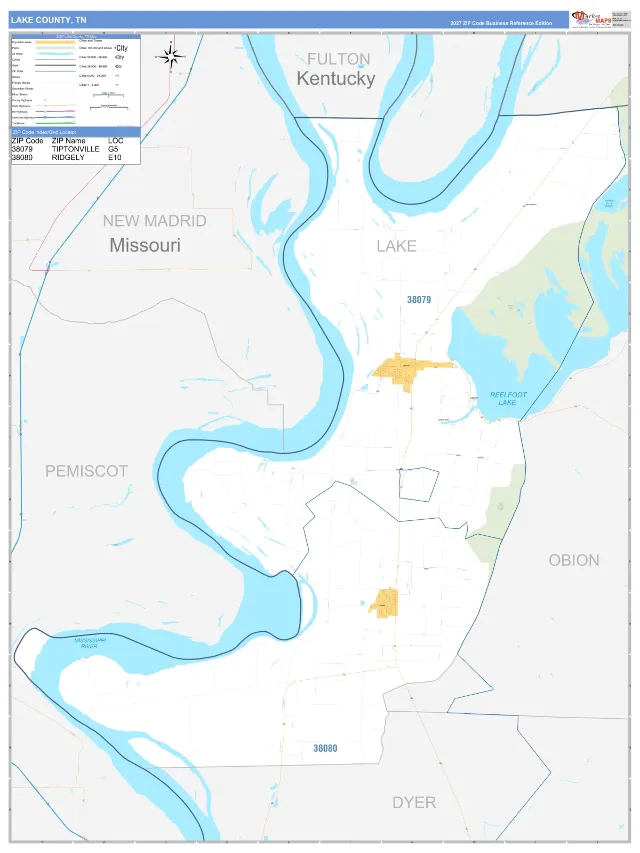 Lake County, TN ZIP Code Wall Map, Business Reference style