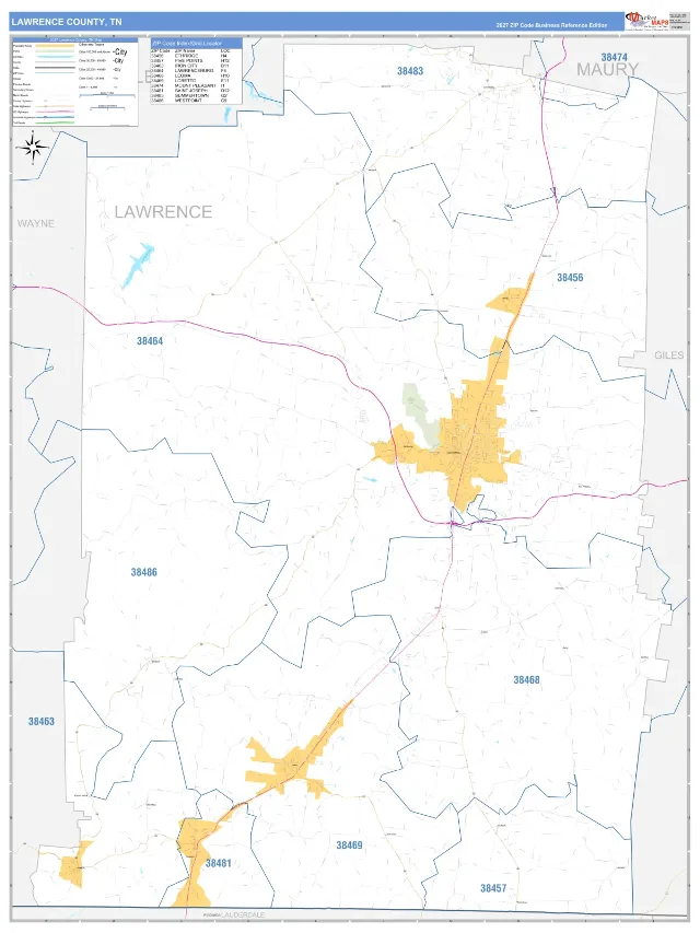 Lawrence County, TN ZIP Code Wall Map, Business Reference style