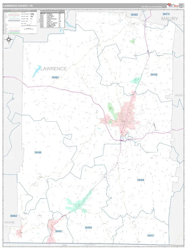 Lawrence County, TN ZIP Code Wall Map, Classic style