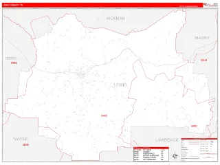Lewis County, TN RedLine style ZIP Code wall map