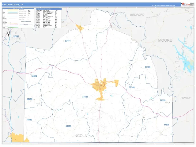 Lincoln County, TN ZIP Code Wall Map, Business Reference style