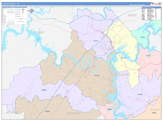 Loudon County, TN ZIP Code Wall Map, ColorCast style