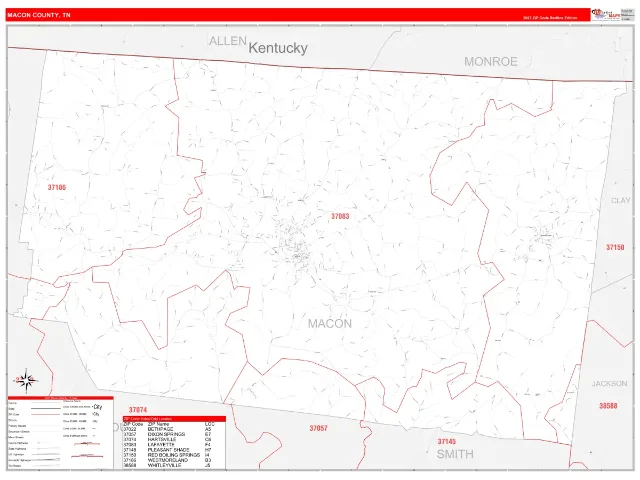Macon County, TN ZIP Code Wall Map, RedLine style