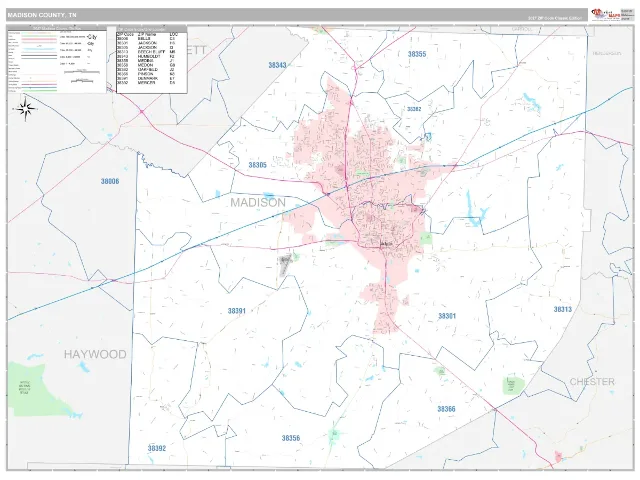 Madison County, TN ZIP Code Wall Map, Classic style