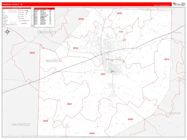 Madison County, TN ZIP Code Wall Map, RedLine style