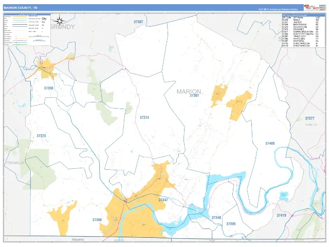 Marion County, TN ZIP Code Wall Map, Business Reference style