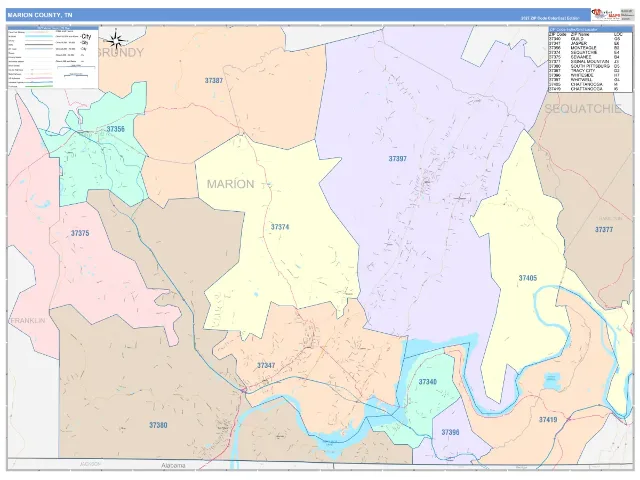 Marion County, TN ZIP Code Wall Map, ColorCast style