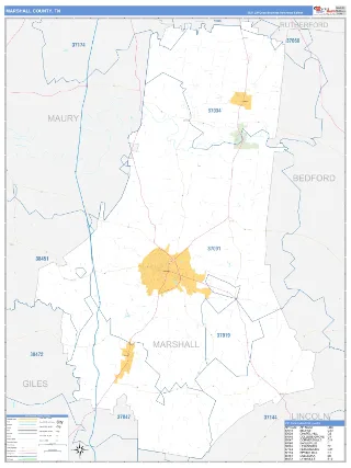Marshall County, TN Business Reference style ZIP Code wall map