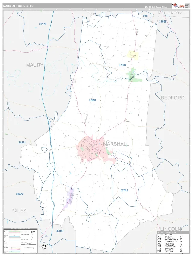 Marshall County, TN ZIP Code Wall Map, Classic style