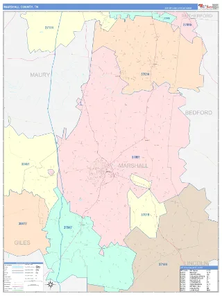 Marshall County, TN ColorCast style ZIP Code wall map