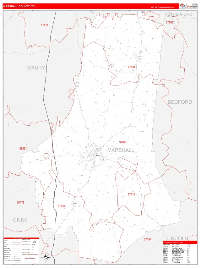 Marshall County, TN ZIP Code Wall Map, RedLine style