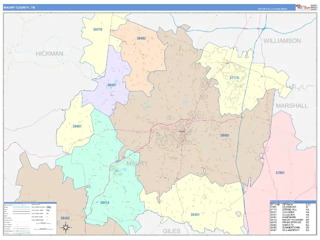 Maury County, TN ZIP Code Wall Map, ColorCast style