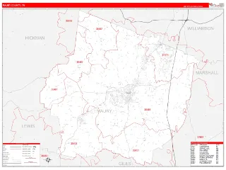 Maury County, TN RedLine style ZIP Code wall map