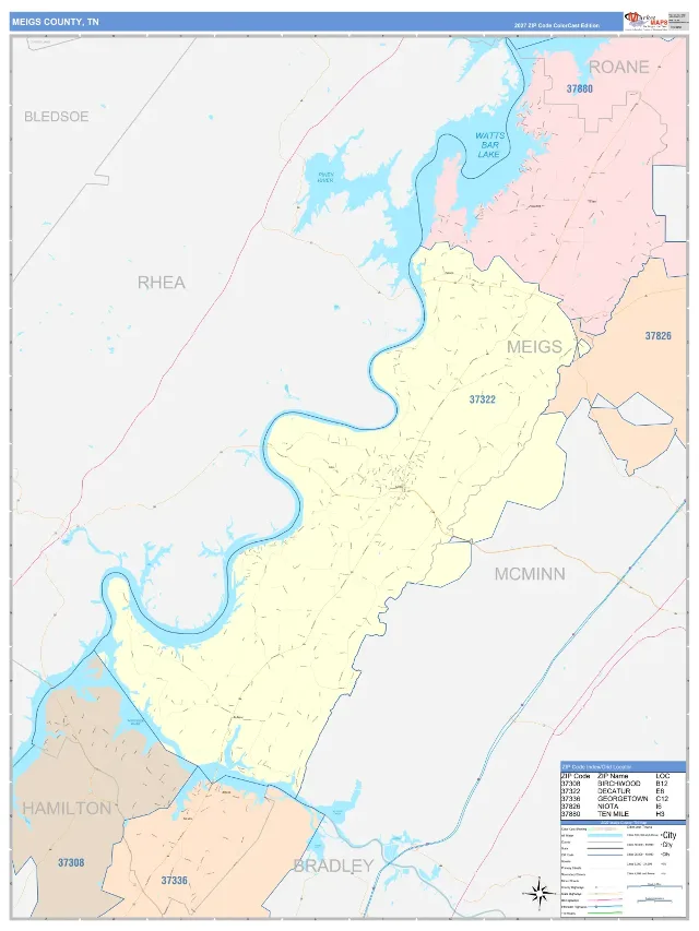 Meigs County, TN ZIP Code Wall Map, ColorCast style