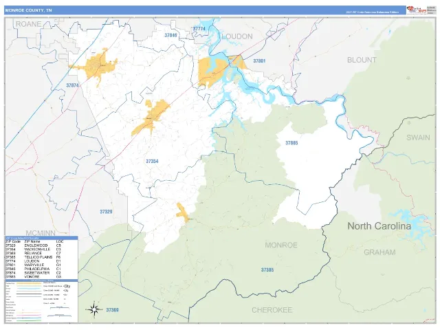 Monroe County, TN ZIP Code Wall Map, Business Reference style