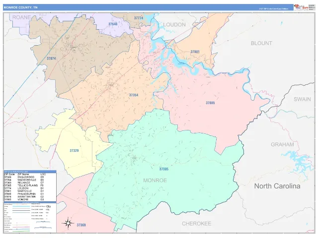 Monroe County, TN ZIP Code Wall Map, ColorCast style
