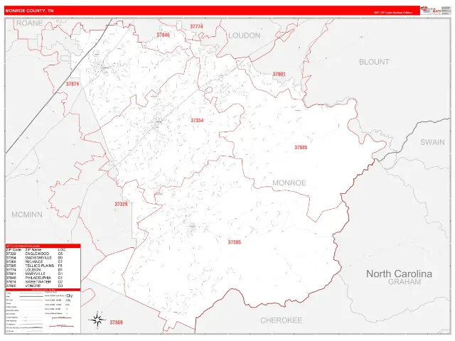 Monroe County, TN ZIP Code Wall Map, RedLine style