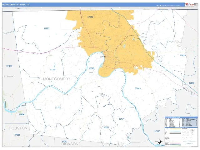 Montgomery County, TN ZIP Code Wall Map, Business Reference style