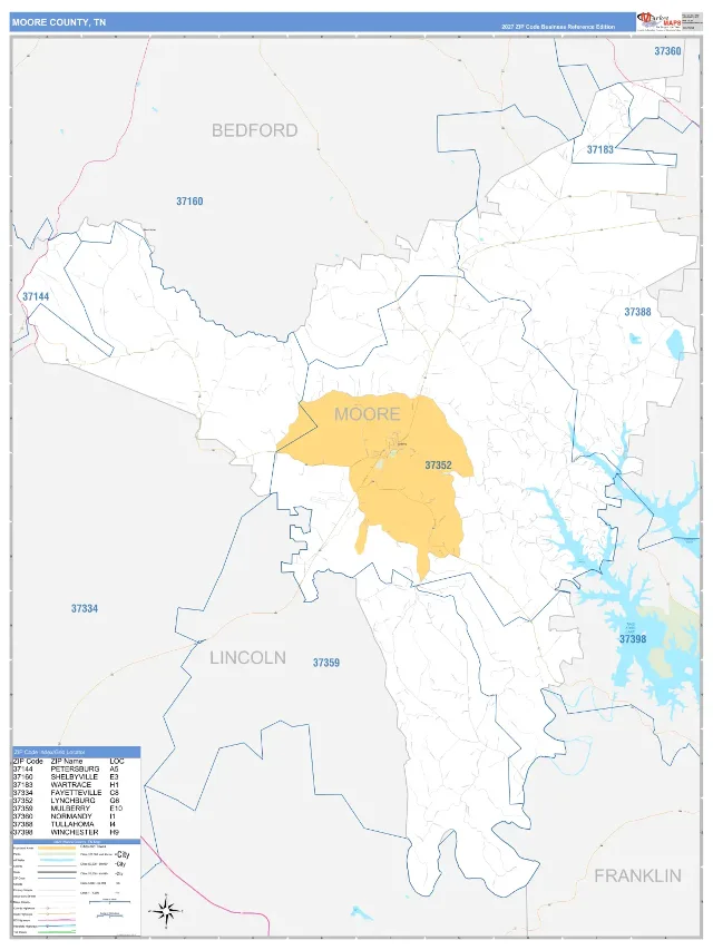 Moore County, TN ZIP Code Wall Map, Business Reference style