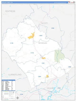 Morgan County, TN Business Reference style ZIP Code wall map