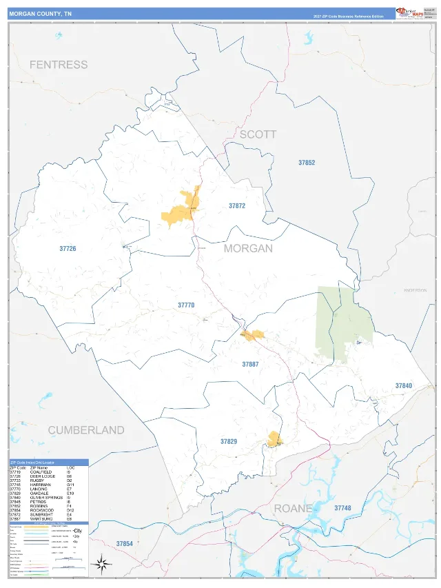 Morgan County, TN ZIP Code Wall Map, Business Reference style
