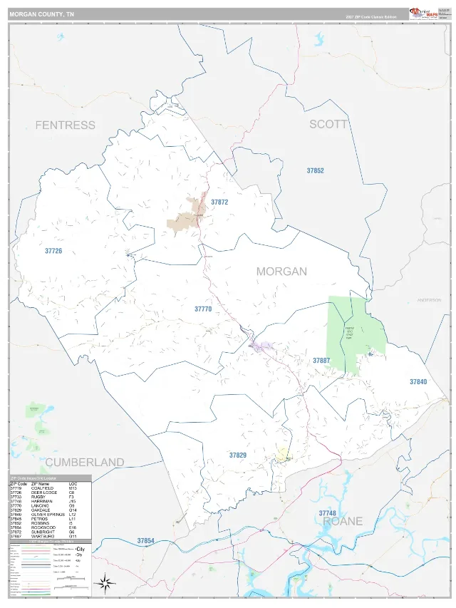 Morgan County, TN ZIP Code Wall Map, Classic style