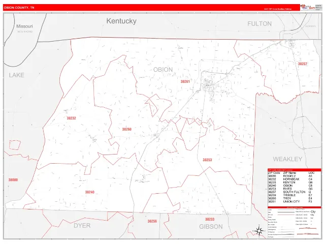 Obion County, TN ZIP Code Wall Map, RedLine style