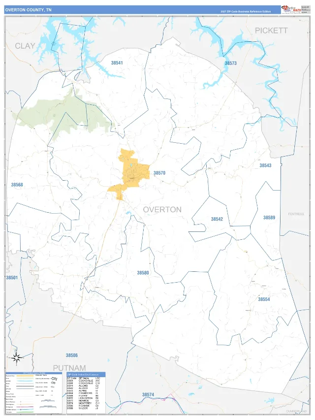 Overton County, TN ZIP Code Wall Map, Business Reference style