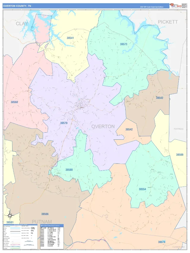 Overton County, TN ZIP Code Wall Map, ColorCast style