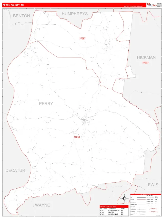 Perry County, TN ZIP Code Wall Map, RedLine style