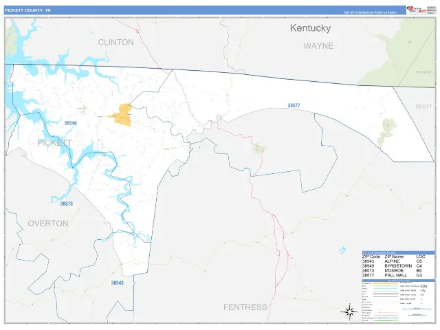 Pickett County, TN ZIP Code Wall Map, Business Reference style