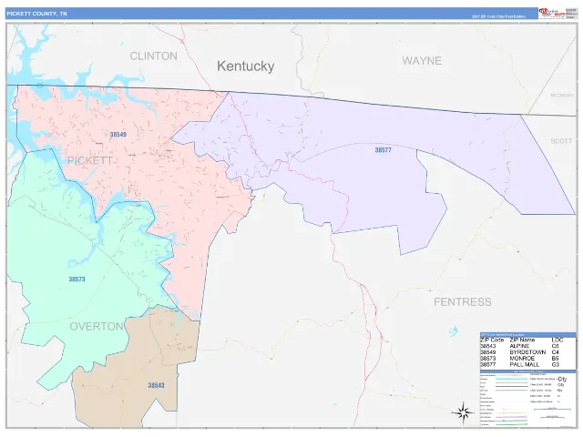 Pickett County, TN ZIP Code Wall Map, ColorCast style