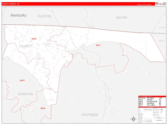 Pickett County, TN ZIP Code Wall Map, RedLine style