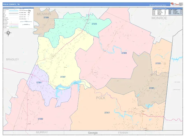 Polk County, TN ZIP Code Wall Map, ColorCast style
