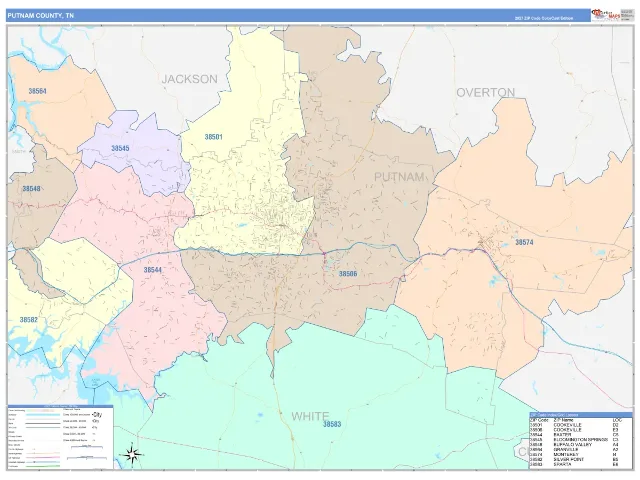 Putnam County, TN ZIP Code Wall Map, ColorCast style