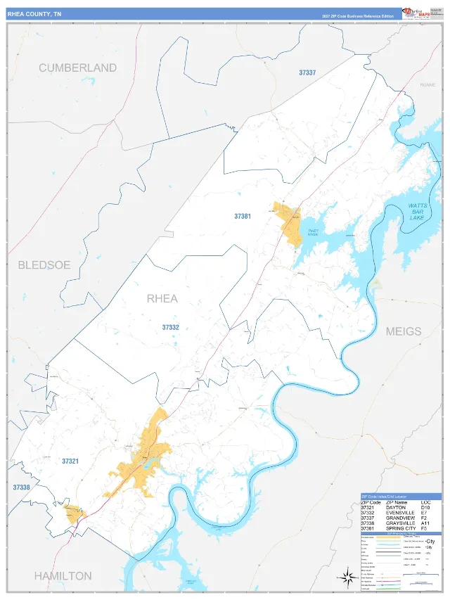 Rhea County, TN ZIP Code Wall Map, Business Reference style