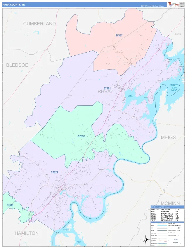 Rhea County, TN ZIP Code Wall Map, ColorCast style