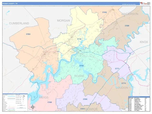 Roane County, TN ZIP Code Wall Map, ColorCast style