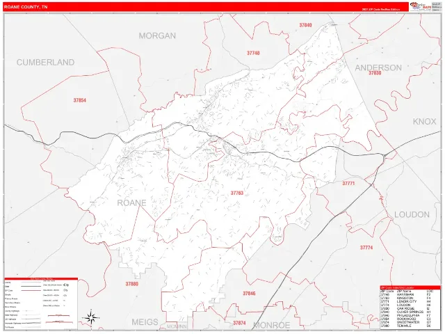 Roane County, TN ZIP Code Wall Map, RedLine style