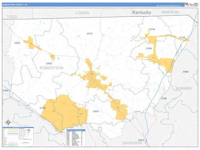 Robertson County, TN ZIP Code Wall Map, Business Reference style